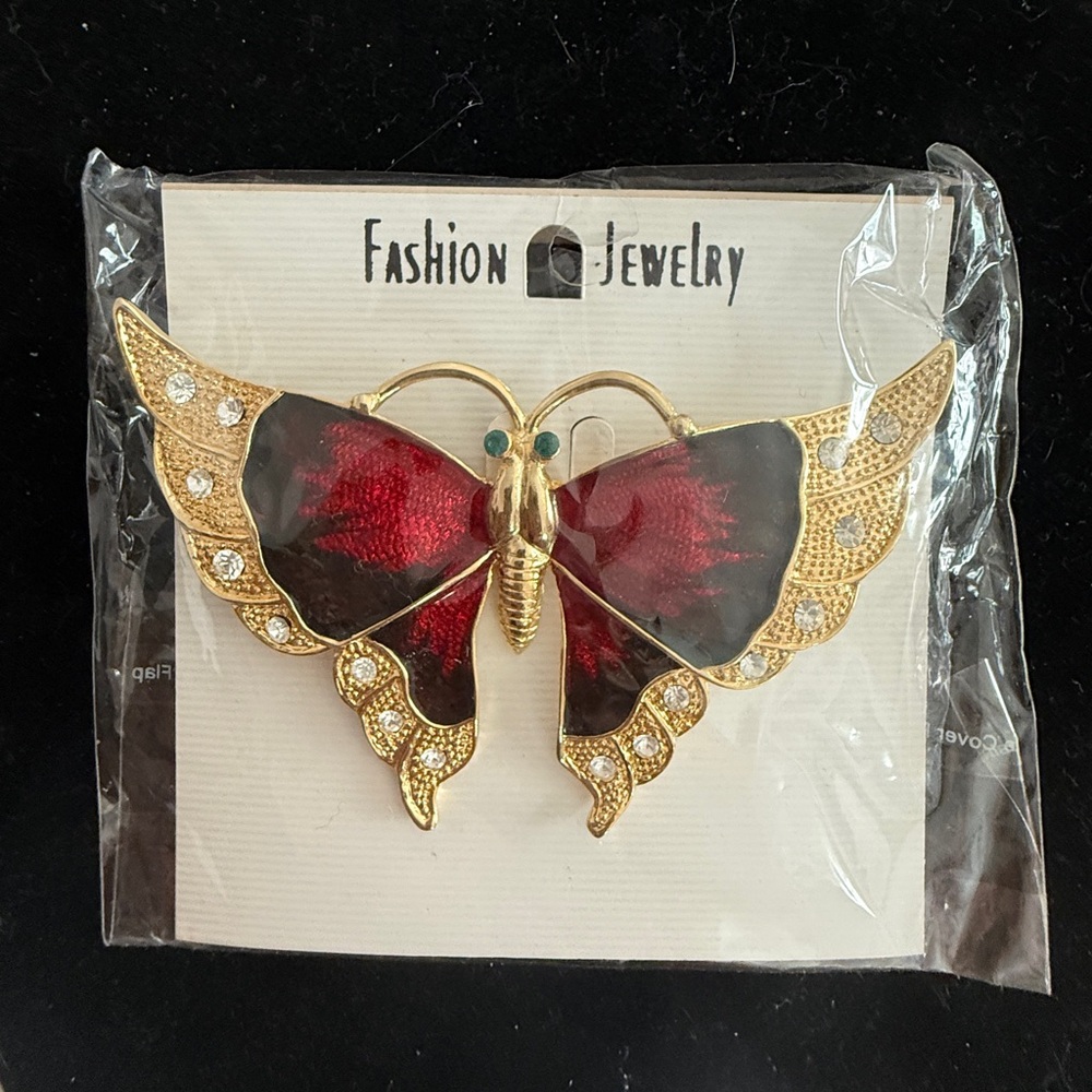 Vintage Gold-tone Butterfly Brooch with Red Enamel and Green Eyes